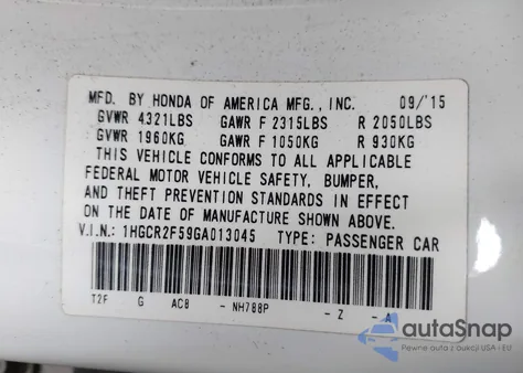 2016 Honda Accord Sport z USA, uszkodzony, nr VIN 1HGCR2F59GA013045